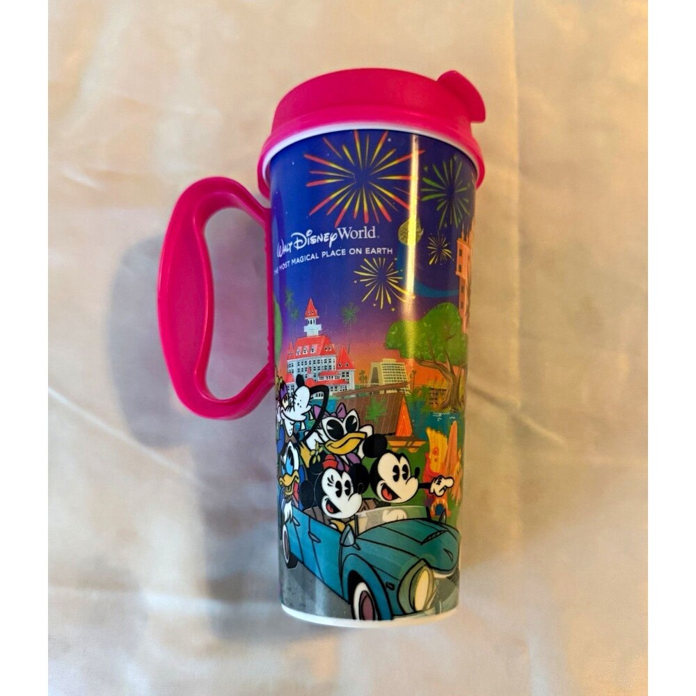 NWOT Disney World Resort Refillable 16oz Travel Mug Mickey Fireworks Pink Lid